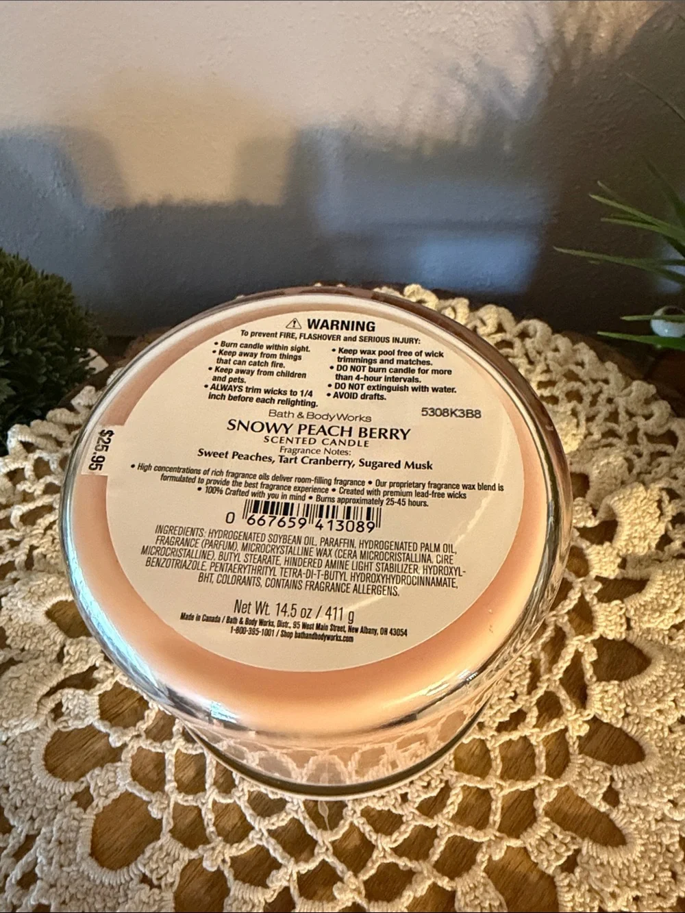 Bath & Body Works Snowy Peach Berry Candle - Peach, White, Gold Accents - Picture 4 of 4